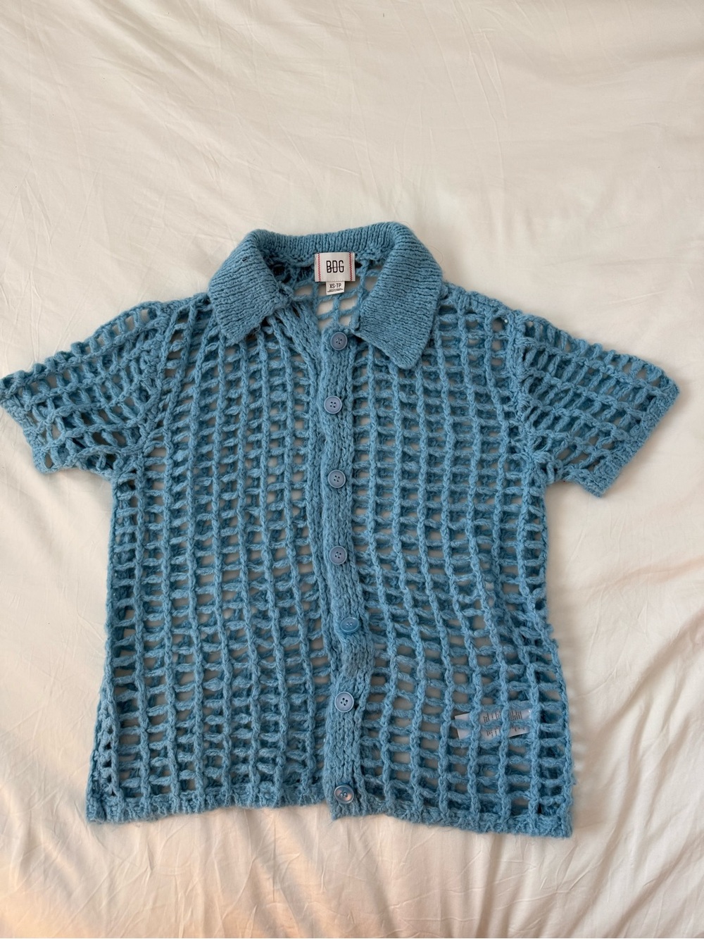 BDG Light Blue Open Knit Short Sleeve Button-Up Top